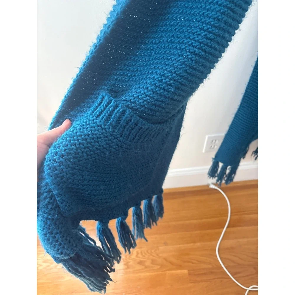 Pilcro and the Letterpress Teal Blue Chunky Knit Pocket Scarf with Tassels 76in